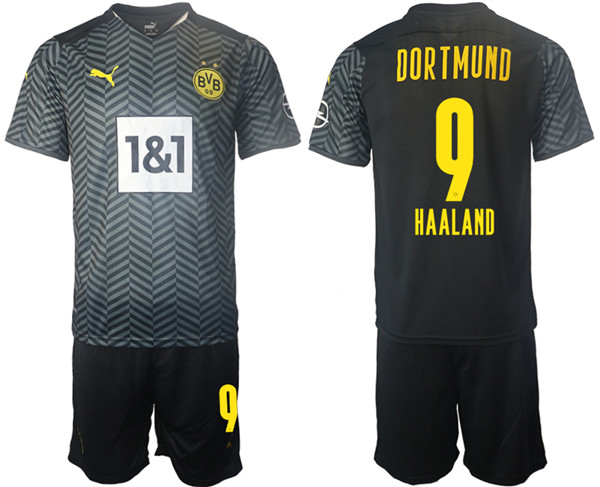 Men's Borussia Dortmund #9 Erling Haaland Black Away Soccer Jersey Suit